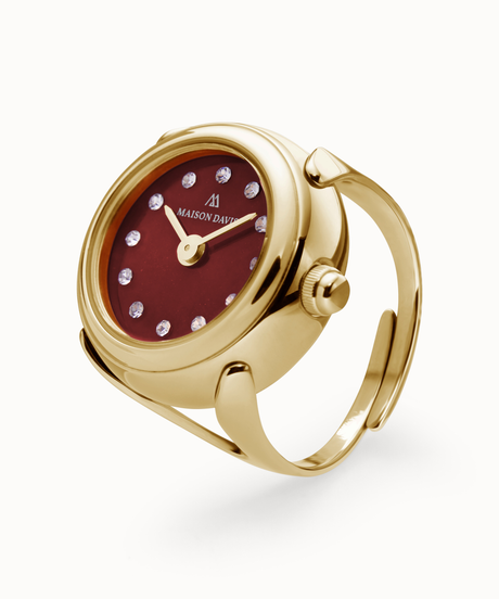 Ring watch Maison Davis in gold with red jasper dial, crystal markers, Swiss made.