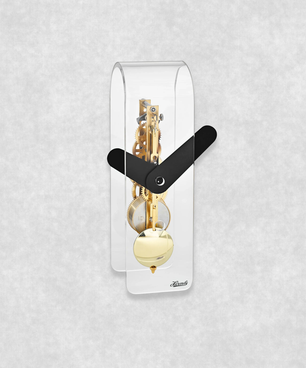 Mechanical skeleton clock with gold movement and pendulum – transparent acrylic case with black clock faces