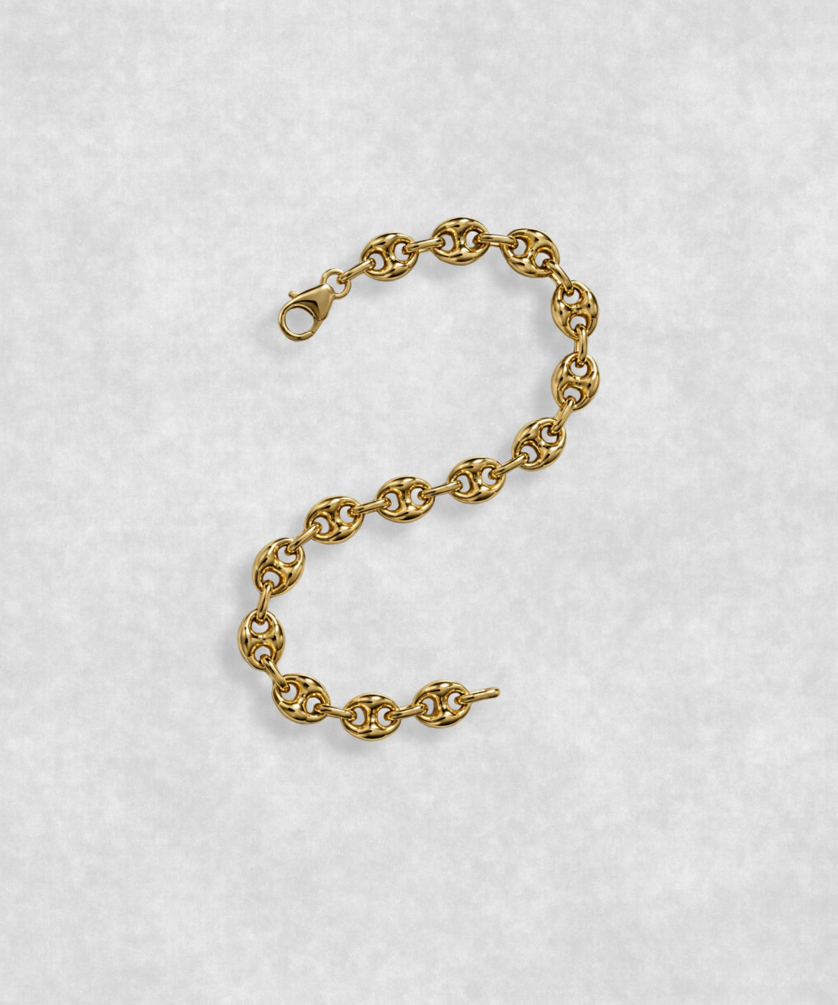 Gold coffee bean bracelet open in S shape – polished coffee bean links with sculptural jewelry design