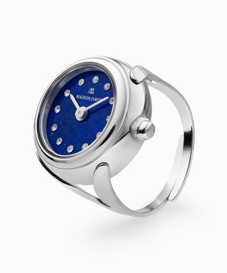 Ring watch Maison Davis in silver with blue lapis lazuli dial, crystal markers, Swiss made.