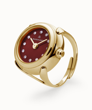 Ring watch Maison Davis in gold with red jasper dial, crystal markers, Swiss made.