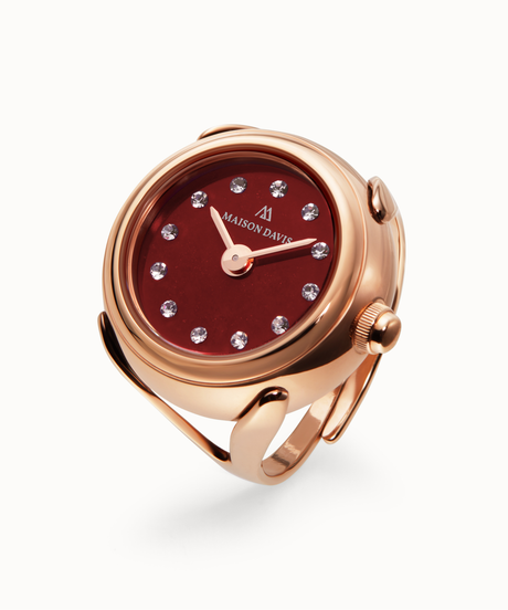 Ring watch Maison Davis in rose gold with red jasper dial, crystal markers, Swiss made.